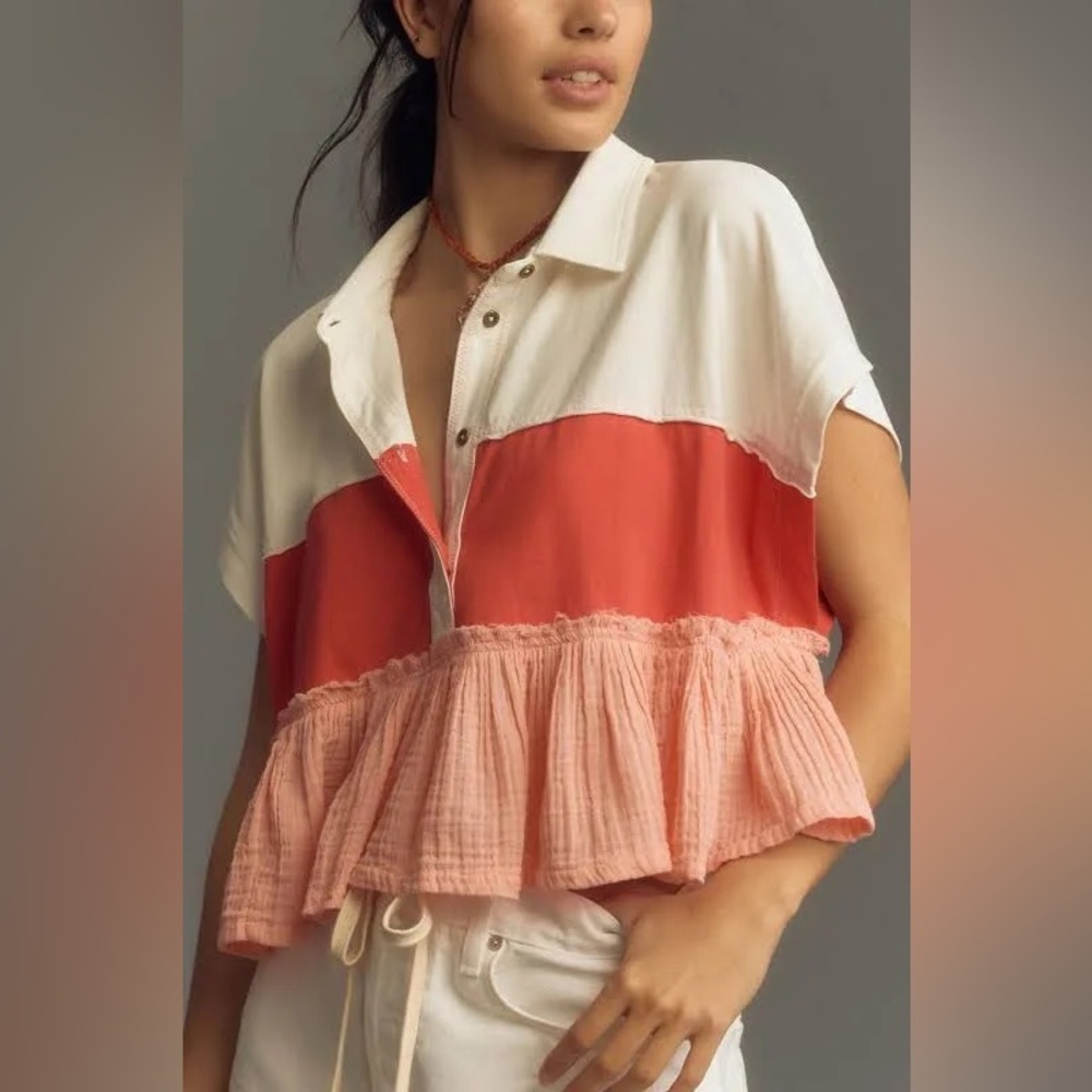 Anthropologie Pilcro Bonfire Rugby Ruffle Peplum Top in Pink Sz S NWOT